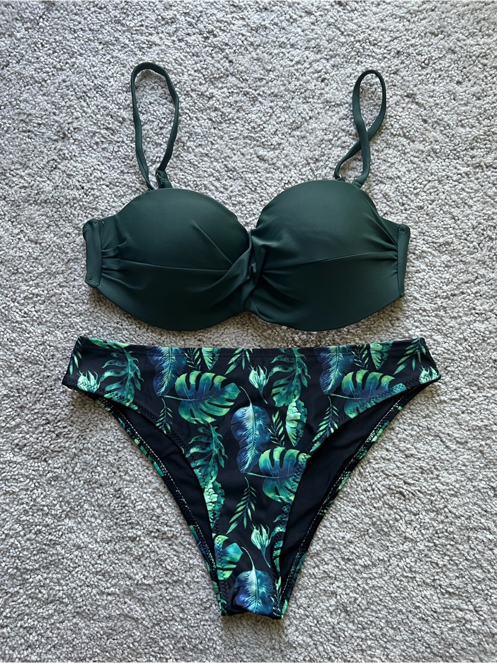 Women's Dark Green Bikini Set with Tropical Leaf Print
